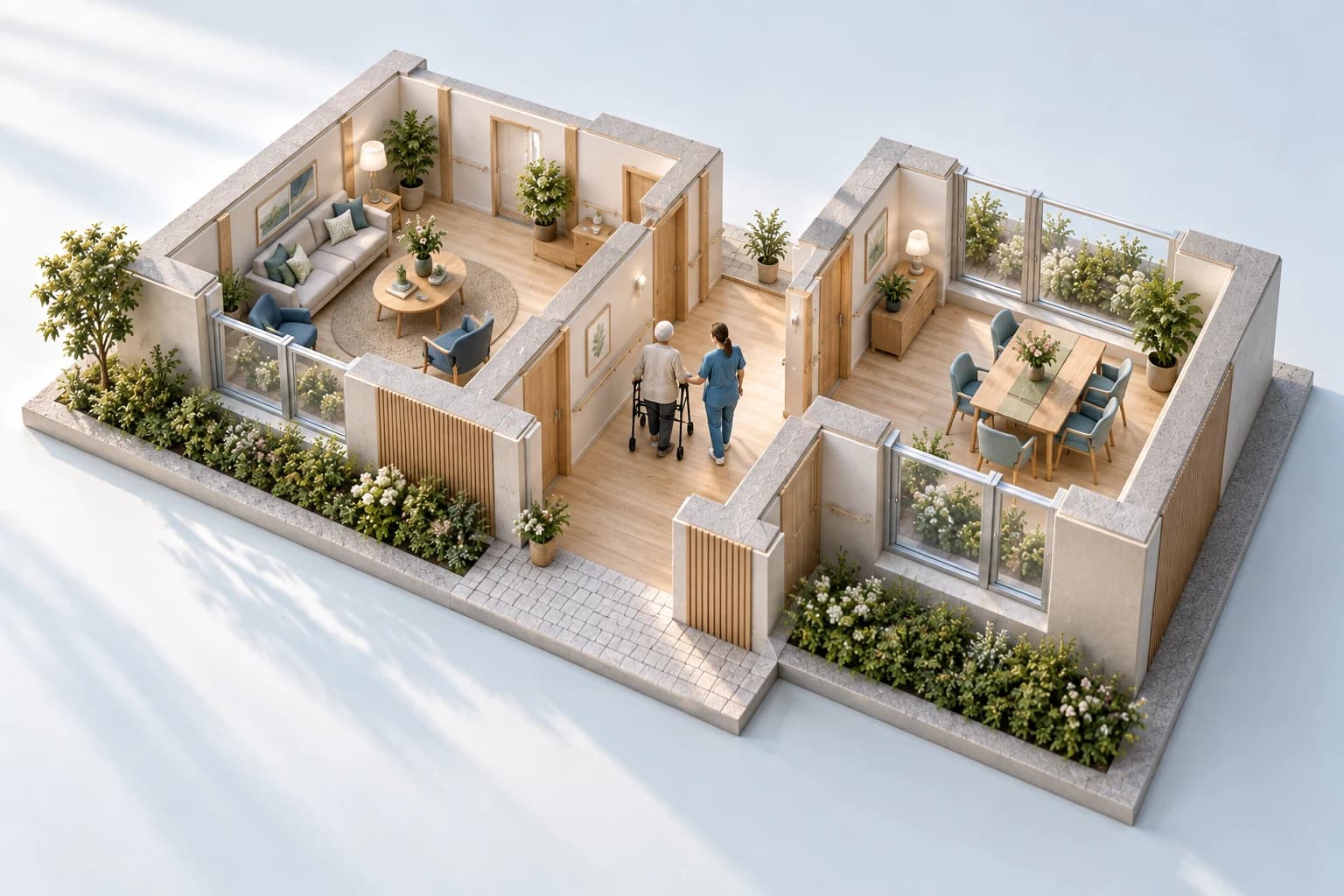 Architekturillustration: miteinander verbundene Wohnräume und Begleitung im Pflegealltag